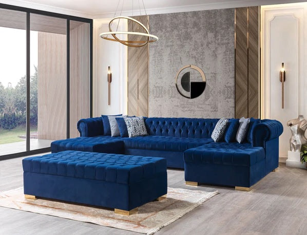 Chaise seccional doble Lauren Velvet azul marino. 