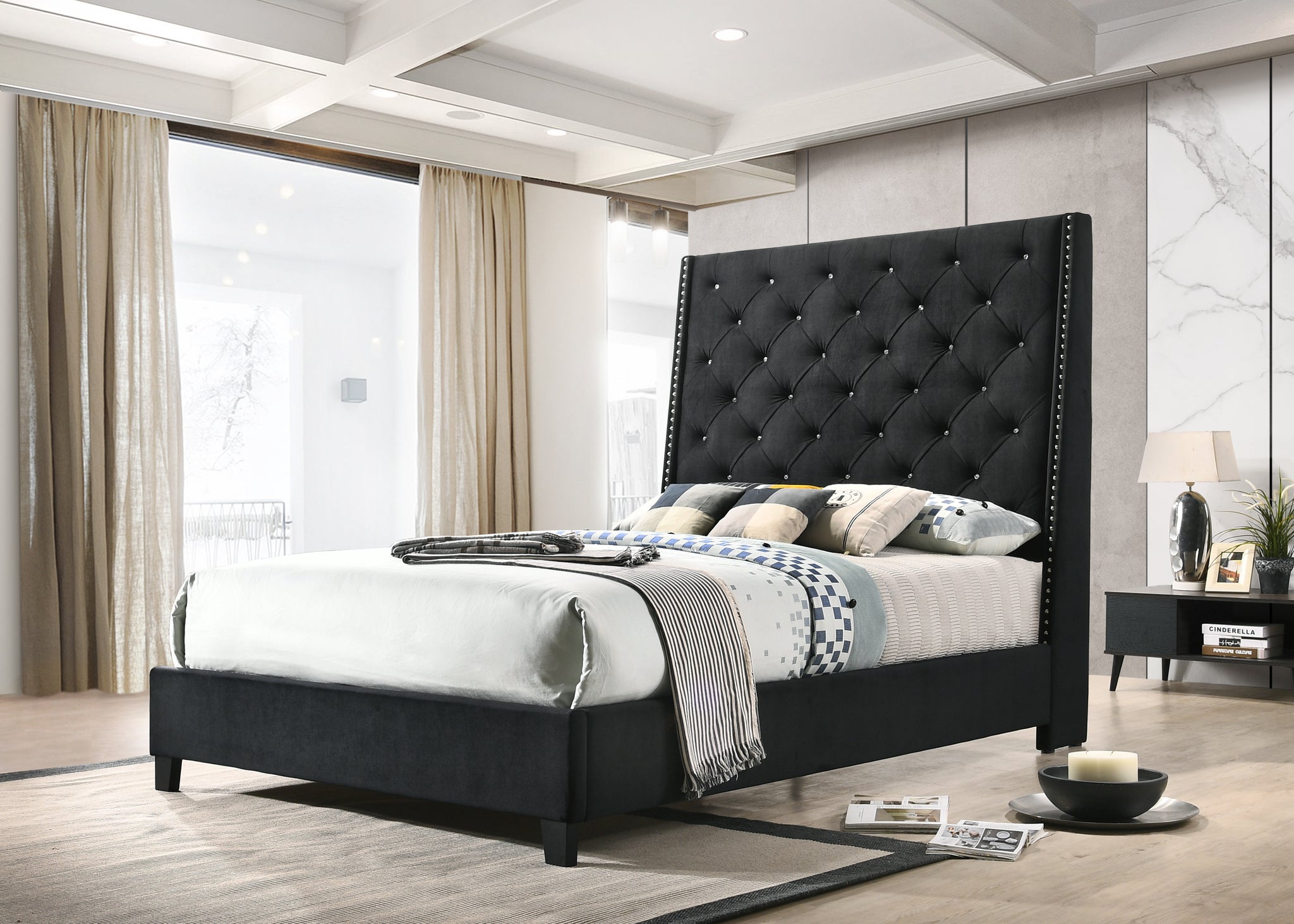 5265 BK CHANTILLY BED BLACK TALL TUFTED HEADBOARD