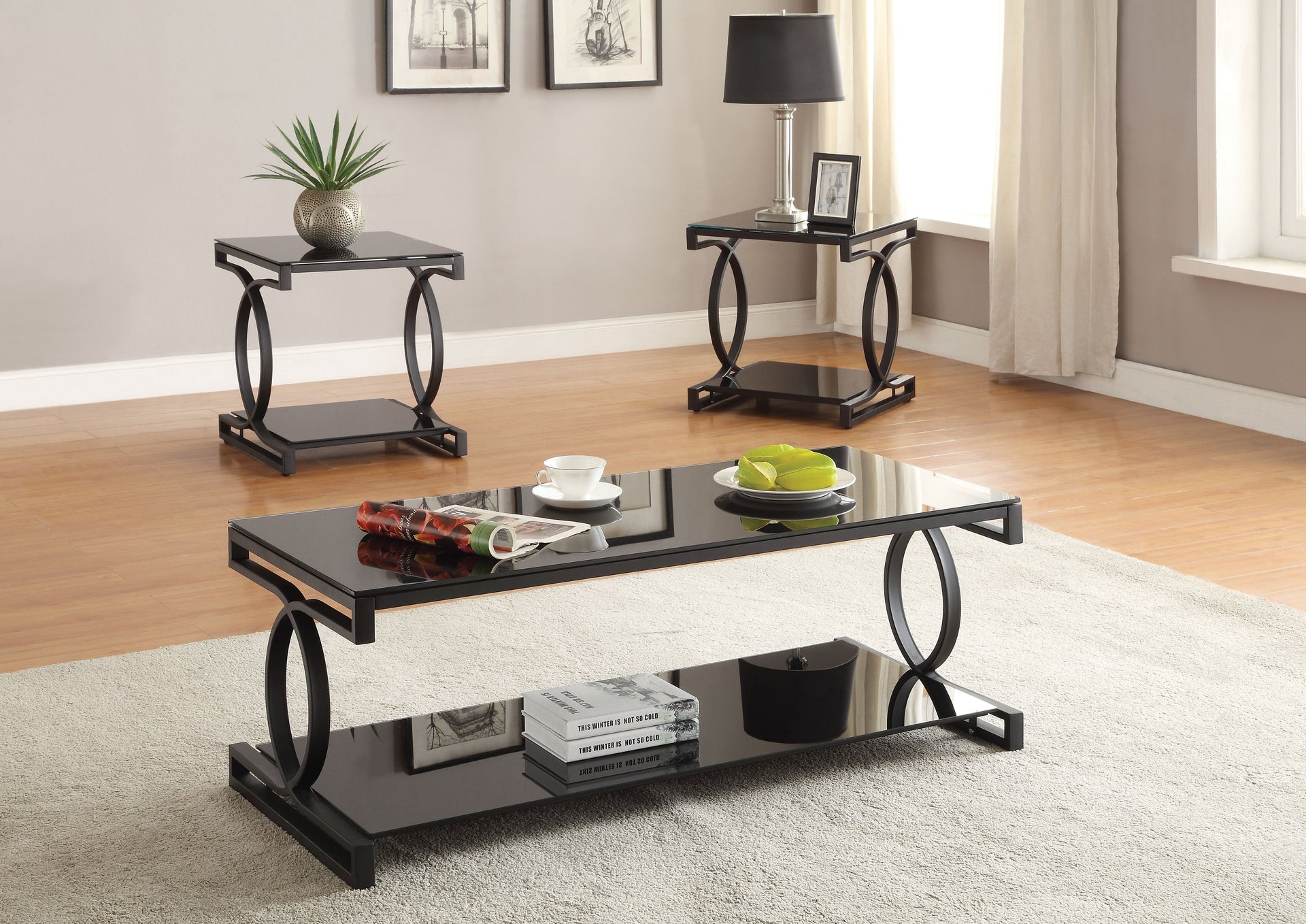 Milo Sandy Black & Black Glass Coffee/End Table Set (3Pc Pk) image