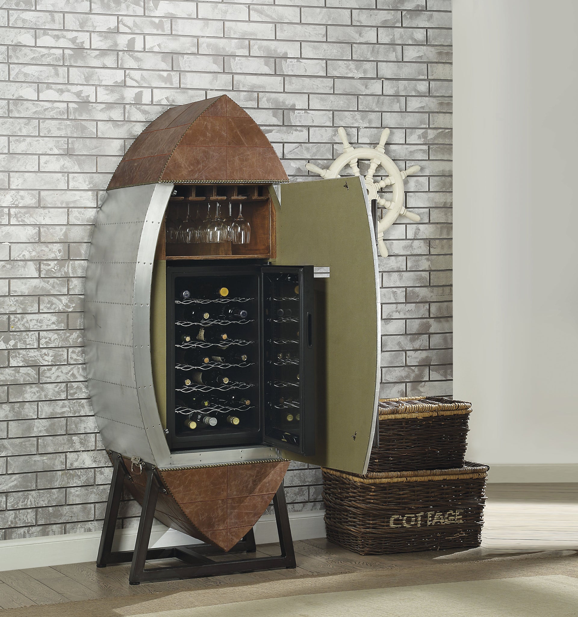 Brancaster Retro Brown Top Grain Leather & Aluminum Wine Cabinet & Cooler image