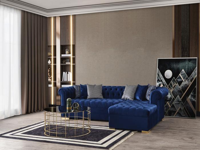 Audrey Velvet Blue RAF Chaise Sectional, COMING SOON.