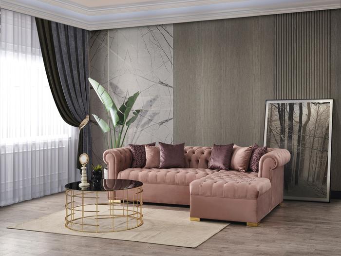 Audrey Velvet Pink RAF Chaise Sectional. Coming Soon.