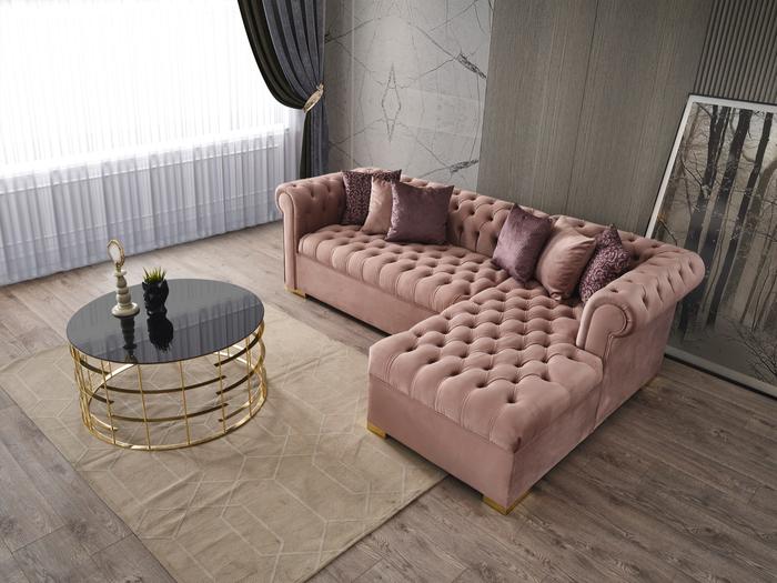 Audrey Velvet Pink RAF Chaise Sectional. Coming Soon.