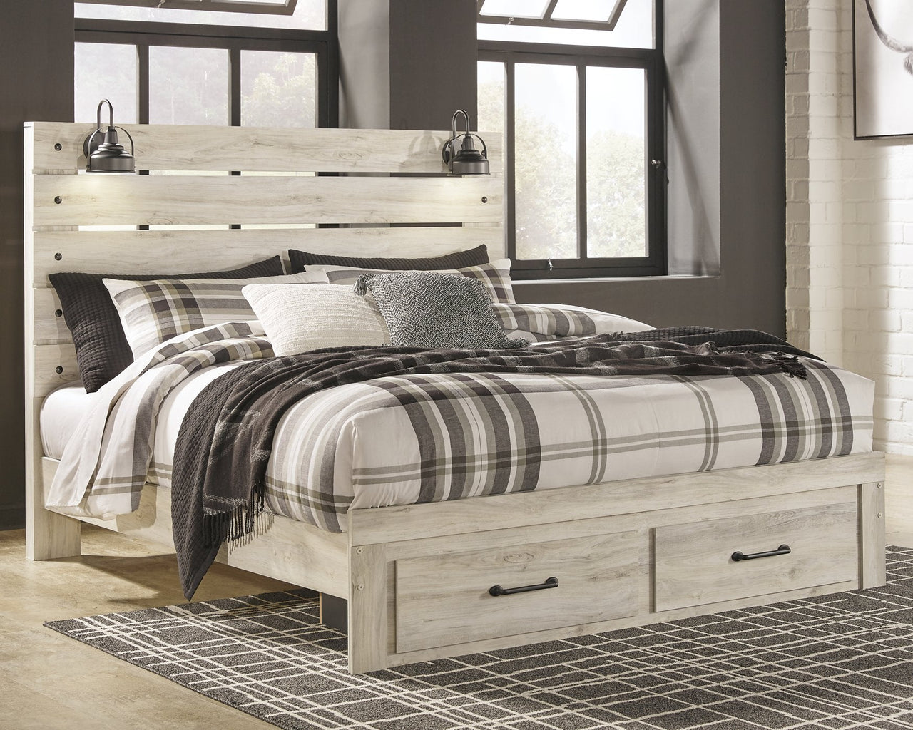 Cama King Cambeck con panel y 2 cajones de almacenamiento 