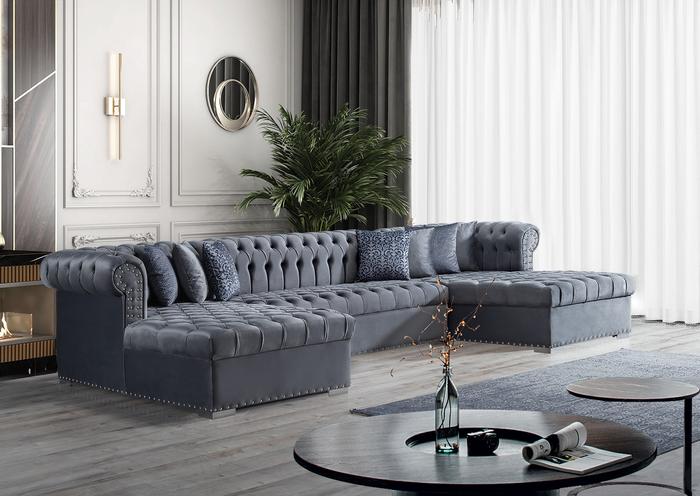 Chaise seccional doble Larry Velvet Grey. Muy pronto. 