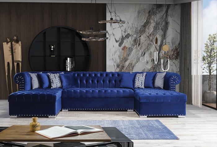Larry Navy Velvet Double Chaise Sectional.Coming Soon.