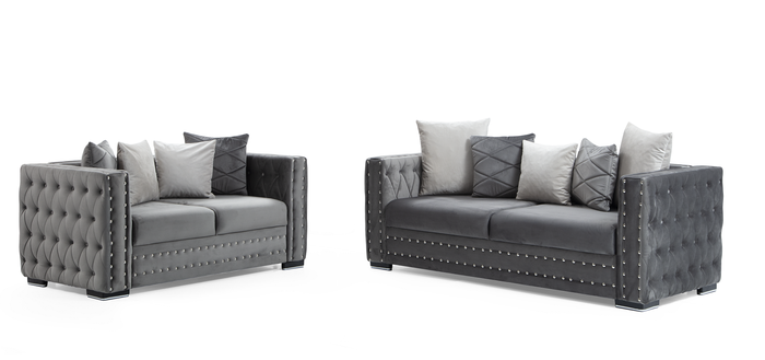 Sofá y sofá de dos plazas de terciopelo gris Mosby, PRÓXIMAMENTE. 