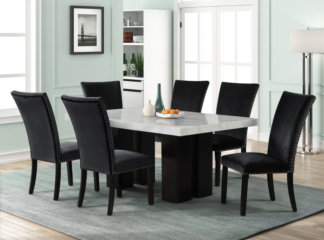 1220 - (FAUX MARBLE) Mesa de Comedor Negra + Juego de 6 Sillas